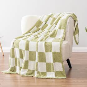 Pavilia 840168316809 Checkered Throw Blanket For Couch Fluffy Cozy Lightweight Sage Green