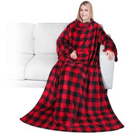 P-t1001-plrd-fba Pavilia Wearable Blanket With Sleeves For Adult Women Fleece Checkered Red