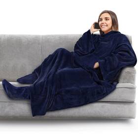 P-t3003-nv-fba Pavilia Wearable Fleece Blanket With Sleeves Foot Pockets Cozy Navy Blue Throw