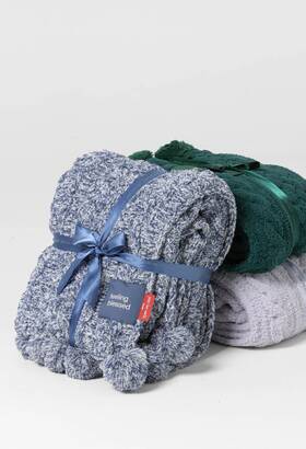 A632233 Peace Love World 70x60 Pom Cable Knit Blankets Indigo Marle Standard New