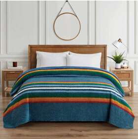 Pendleton 008889284436 Sherpa Soft Fleece Throw Blanket King Size 112x92 Serape Stripe Blue