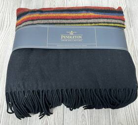 72410 Pendleton 5th Avenue Acadia Park Merino Wool Throw Blanket Black Striped New