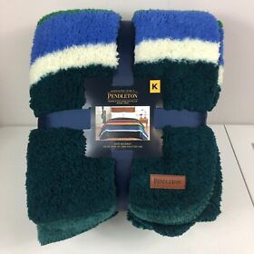 Pendleton Sherpa Fleece Blanket Evergreen Stripe King New 112 X 92 Inches Soft