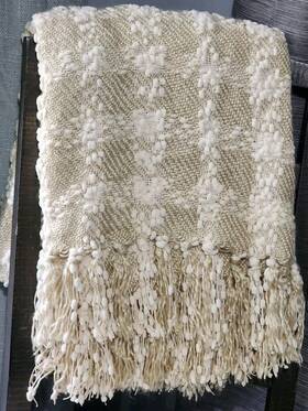 2638692 Pier 1 Imports Chenille Throw Blanket 50x60 Fringed Sage Off White / Light Beige