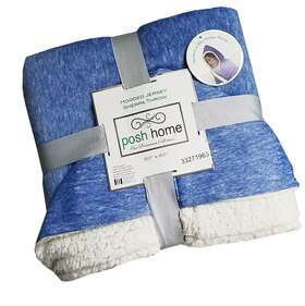 Posh Home 686906655386 Blue White Sherpa Hooded Throw Jersey Knit Blanket Soft 50 X 60 Inches