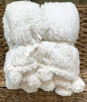 1241285 Pottery Barn Cozy Pom Sherpa Throw 50x60 Ivory Cabin Soft Cottage
