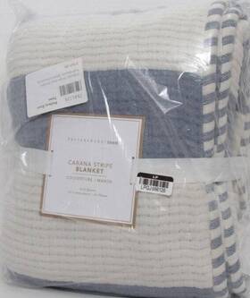 7541724 Pottery Barn Teen Cabana Stripe Bed Blanket Full Queen 86 Inch Sq White/chambray Nwt