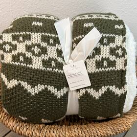 8782305 Pottery Barn Fair Isle Knit Sherpa Backed Throw Blanket 50 X 60 Inch Green Soft Cozy