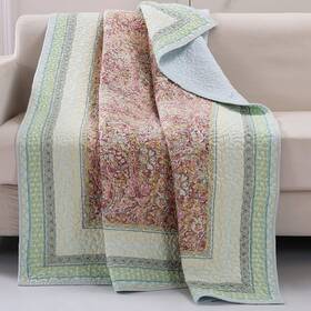 Aggr5785 Quilted Throw Blanket Green Blue Floral Pastel Cotton Reversible Sofa Wall Cover