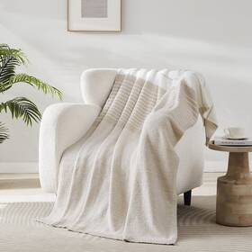 Bbr-tz-beige-5070 R.share Beige Striped Throw Blanket 50x70 Inch Reversible Feather Knit Tan Cream Tau