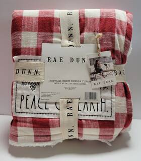 Rae Dunn 192598495228 Blanket Throw Plaid Buffalo Check Sherpa Peace On Earth 50x60 Red Ivory