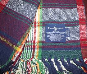 Ralph Lauren 042973637647 Tatan Plaid Throw Blanket Beach Front 100% Cotton With Fringe 54x72