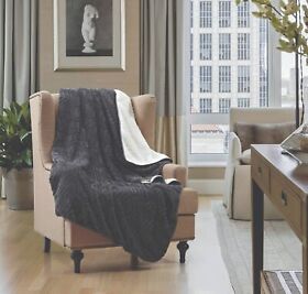 Dtr1061 Regal Comfort Cutwork Slate Chevron Faux Fur Sherpa Throw Blanket 50inchx70inch