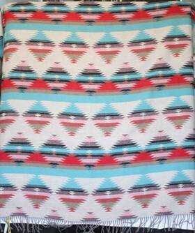 157007 Sackcloth & Ashes And Aztec Blanket Throw 59 Inch X 70 Wool Pink Teal Red Black Fringe