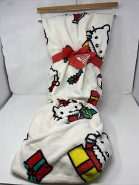 Sanrio 032281138271 New Hello Kitty White Plush Christmas Blanket With Presents Holly 60 Inch X70