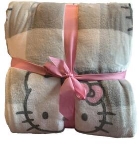 Sanrio 032281188160 Hello Kitty Plush Queen Full Throw Blanket Grey Checkered Pink Bow 90x90