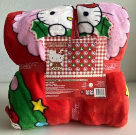 Sanrio 032281778637 Hello Kitty Christmas Red Pink Bows Wreath Full/queen Blanket 90 X Inch Soft New