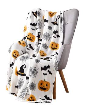 Serafina Home 845951093745 Fleece Throw Blanket Halloween Spider Web Bats Pumpkins Witch Hat Decor Flannel
