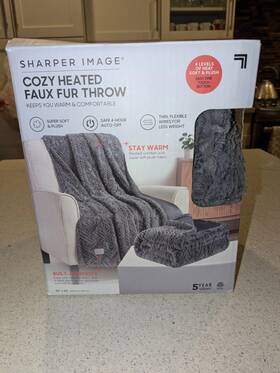 H0931 Sharper Image Cozy Heated Faux Fur Throw Walnut Blanket With 13 Foot Power Cord