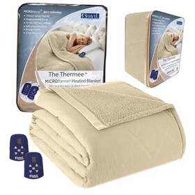 Shavel Home Products 718498947232 Micro Flannel Heated Blanket With Sherpa Back 10-setting Queen Tan