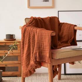 Bla-b007 Simpleopulence Cotton Muslin Throw Blanket For Bed Couch Knit Woven Gauze Rust Orange