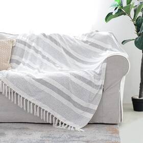 Snugtown 788489870511 Decorative Grey Ivory Striped Throw Fringe Soft Chenille Knitted