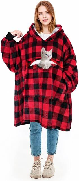 1slhd200p2rd-fscb Solaris Oversized Wearable Blanket Hoodie With Pet Pocket Classic Red Plaid