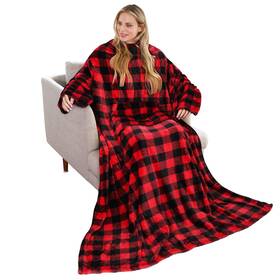 1slsn200p2rd-fscb Solaris Red Plaid Fleece Wearable Blanket With Sleeves For Women Men Super Soft Warm Co