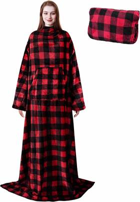 Solaris 768479494613 Travel Wearable Blanket With Sleeves 2 In 1 Packable Red Plaid