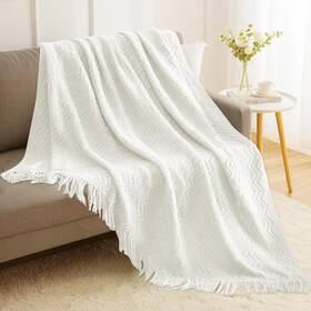 Spaomy 712110384948 Throw Blanket White Knitted Casual Wave Texture Lightweight Fringe