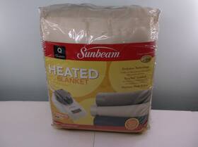 Sunbeam 027045679343 Heated Blanket Queen Size 2 Controllers 10 Settings Beige Color New