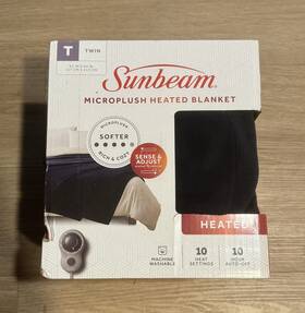Sunbeam 053891159777 - Microplush Twin Heated Electric Blanket Navy Blue Plush
