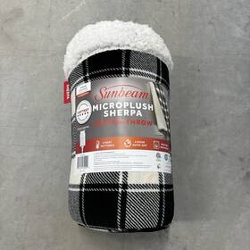 12721 Sunbeam Microplush Sherpa Electric Heated Throw Blanket White And Black Plaid