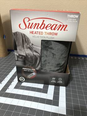 1330016 Sunbeam Gray Grey Plaid Heated Throw 50 Inch X60 3 Settings Auto Off Machine Wash