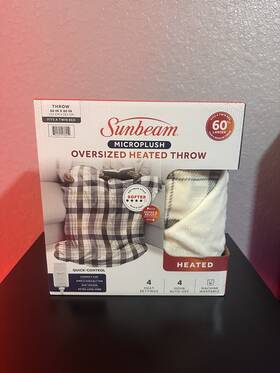 13691 Sunbeam Electric Heated Throw Blanket Neutral Plaid Super Soft Microplush