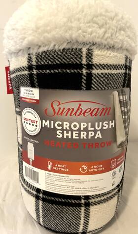 Sunbeam 694501130009 Microplush Sherpa Heated Throw Blk/white Buffalo Plaid 50 Inch X 60 Softest