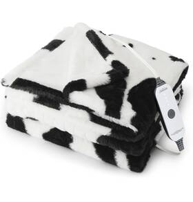 Sunbeam 694501138890 Electric Heated Throw Blanket Royal Faux Fur Cow Print 50 Inch 60