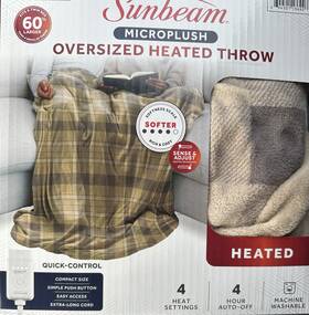 Tsm8tpf30525h00 Sunbeam Microplush Heated Throw Blanket 60x80 Plaid 4 Heat Settings