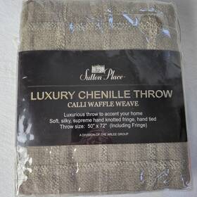 Sutton Place 756440042000 50 Inch X 72 Luxury Chenille Throw Calli Waffle Weave Fringe New Beige