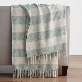 The Company Store 313052985974 Cotton Textured Checkered Green Throw Blanket