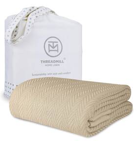 Thm-blnkt-drb16-beige-q Threadmill Luxury Cotton Blanket Queen 100% Herringbone Soft Breathable Beige