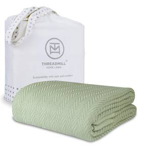 Thm-blnkt-drb16-sage-k Threadmill Luxury Cotton King Blanket All-season Thermal Herringbone Sage Green 106x92