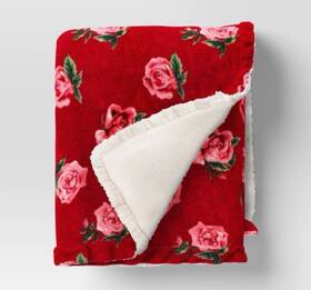 Threshold 196761455477 Rose Printed Plush Throw With Faux Shearling Reverse Ruffled Trim Red -threshold