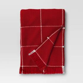 C757 Threshold 198101696571 Woven Windowpane Fringe Throw Blanket 50 Inch X 60 Red/ivory #c757