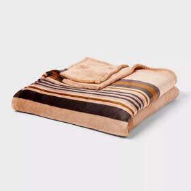 92205996 Threshold King Microplush Blanket Khaki Border Stripe -
