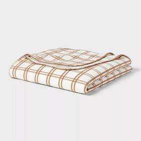 92206035 Threshold King Brushed Cotton Blanket Ivory/brown Plaid -