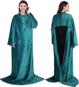 Tirrinia 313037011056 Fleece Wearable Blanket With Sleeves And Pocket Tv Throw Wrap Green New