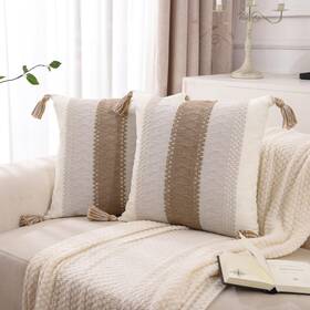 G66-5kq Tosleo Boho Khaki Striped Throw Pillow Covers 18x18 Set Of 2 With Tassels Neu