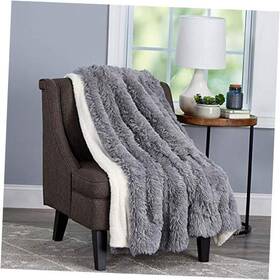 66-throw029 Trademark Faux Long Pile Rabbit Fur Throw Blanket With Sherpa 60 Inch X 70 Gray And Cream