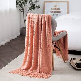 Treely 745678556021 Coral Orange Throw Blanket With Fringe Tassels Knitted Textured